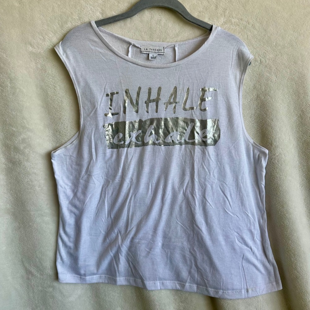 LA Threads White Tank Top Silver Metallic Inhale Exhale Twisted Back Size Large